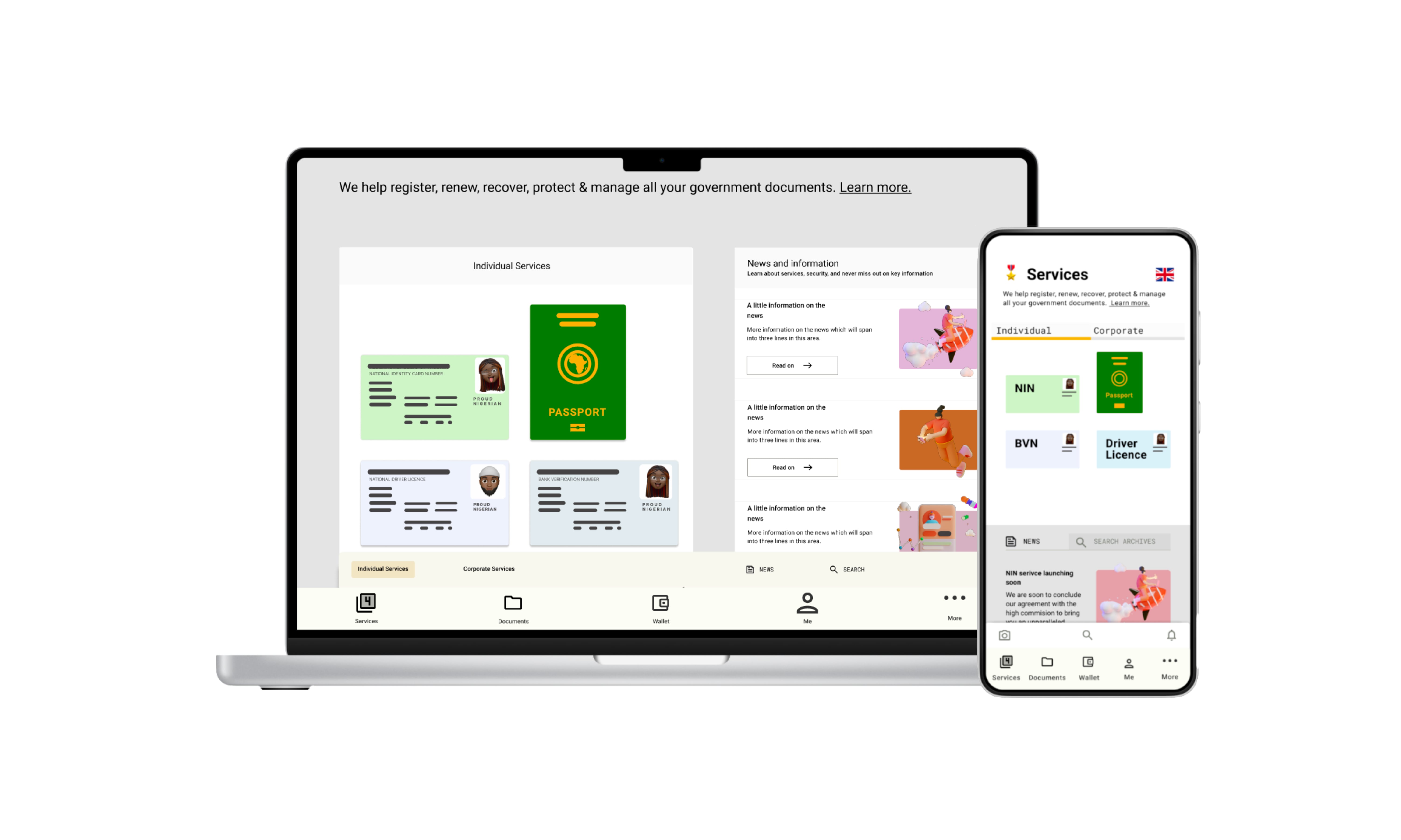 Green Wallet: diaspora document management platform preview on desktop and mobile.