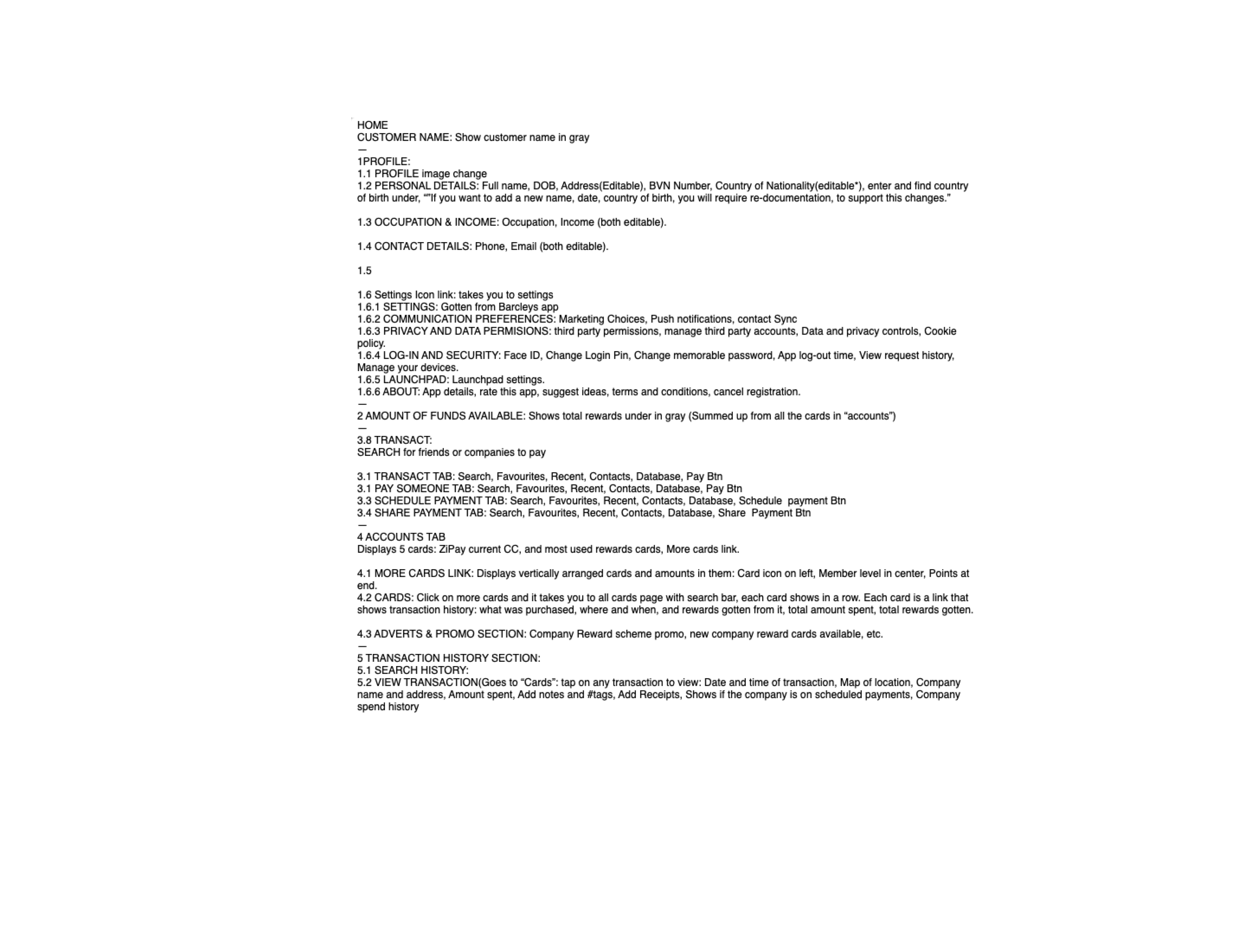 Zi Pay application feature list.