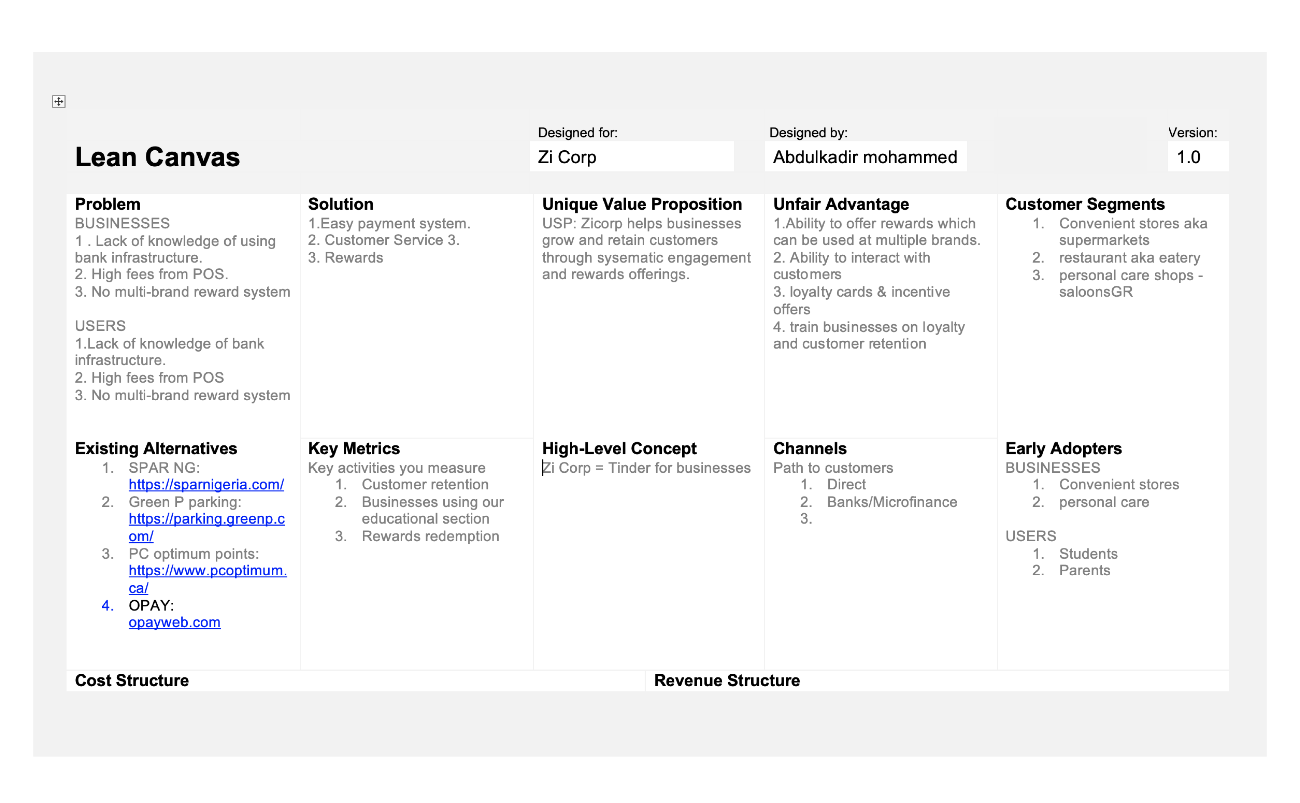 Zi Pay Lean Stack business model canvas.